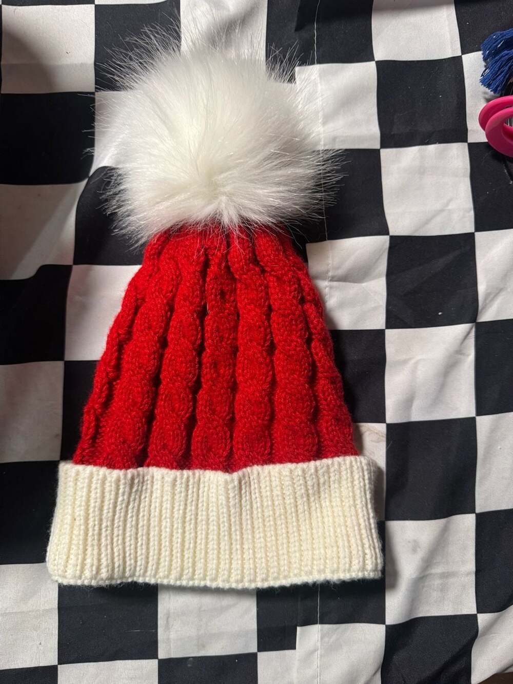 Red And White Cable Knit Beanie Hat With Pom Pom